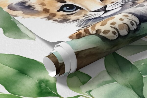Carta da parati Il piccolo leopardo si siede su un ramo tra le foglie acquerello, Carta da parati Animali, w00889 : Uwalls.it