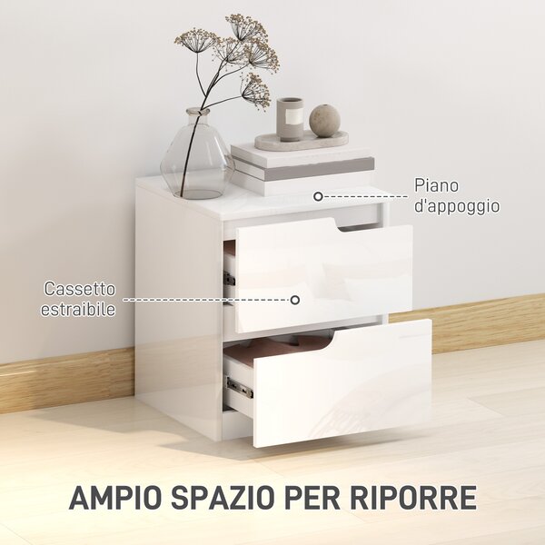 HOMCOM Cassettiera Moderno con 2 Cassetti senza maniglie in Legno e Design Lucido, guide in acciaio, 40x40x48 cm, Bianco|Aosom Italy