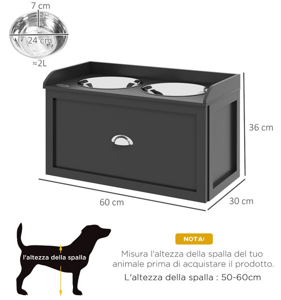 PawHut Ciotole per Cani Rialzate in Acciaio Inox e Legno con Cassetto, 60x30x36cm, Nero