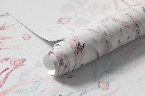 Carta da parati Coralli marini dell'acquerello, conchiglie, tartarughe, vita marina, colori rosa tenui, Carta da parati Mare, w00849v2 : Uwalls.it