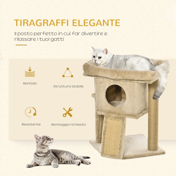 PawHut Albero per Gatti in Peluche con Casetta per Gatti e Lettino, Tiragraffi in Juta e Pallina, Marrone