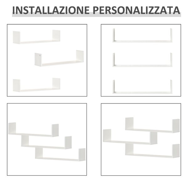 HOMCOM Set 3 Mensole da Parete Portaoggetti in Legno, 80x18x18 cm, Bianco