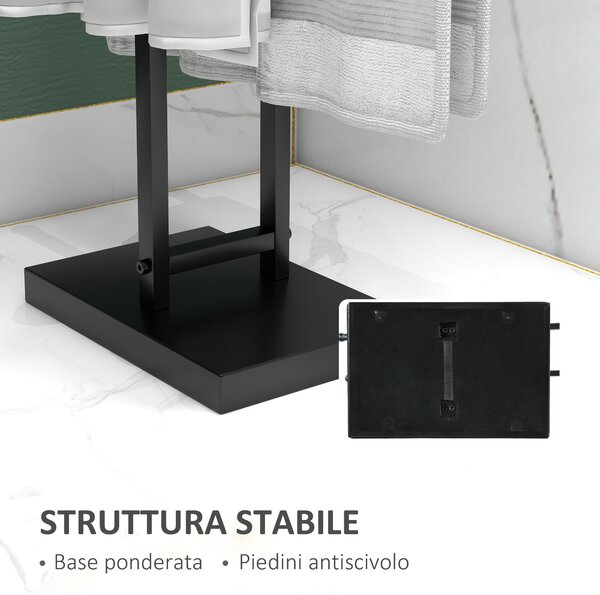 HOMCOM Porta Asciugamani a Terra Autoportante per Bagno a 2 Barre in Metallo, 50x18.5x85cm, Nero