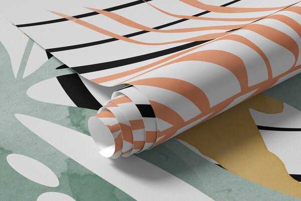 Carta da parati Astrazione boho, monstera e foglia di palma, linee curve, spot, geometrici, topografici,, Carta da parati Moderno, w01256 : Uwalls.it