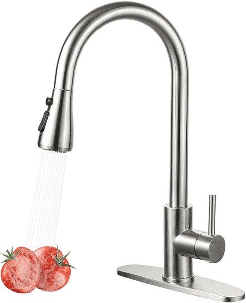 Rubinetto da cucina con doccetta orientabile, due velocità e getto a spruzzo con funzione di commutazione, arco alto, in acciaio inossidabile 304