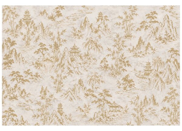 Carta da parati – Paesaggio orientale beige e oro con pagode