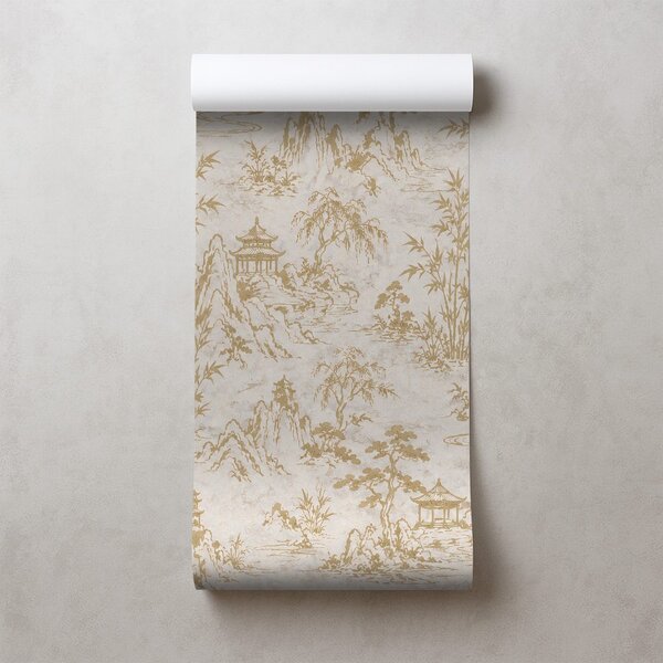 Carta da parati – Paesaggio orientale beige e oro con pagode