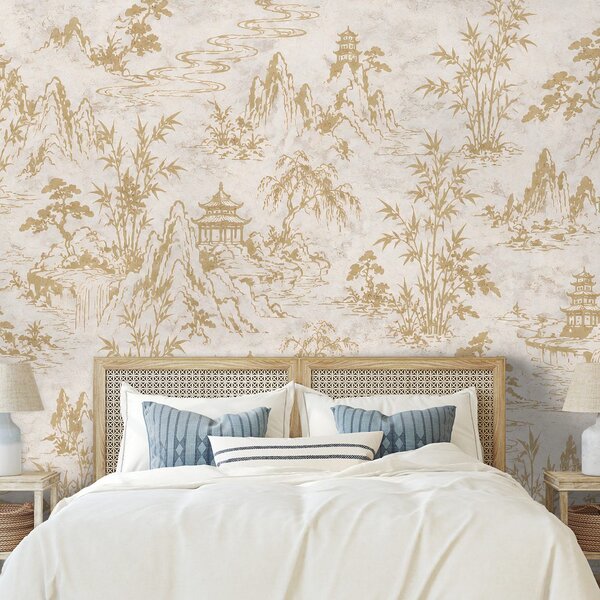 Carta da parati – Paesaggio orientale beige e oro con pagode