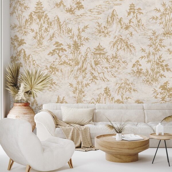 Carta da parati – Paesaggio orientale beige e oro con pagode