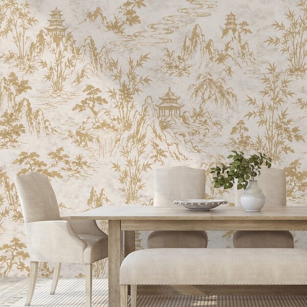 Carta da parati – Paesaggio orientale beige e oro con pagode