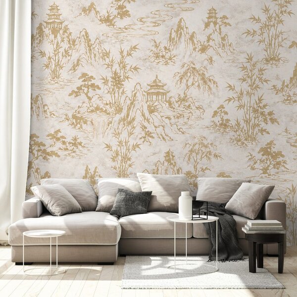 Carta da parati – Paesaggio orientale beige e oro con pagode