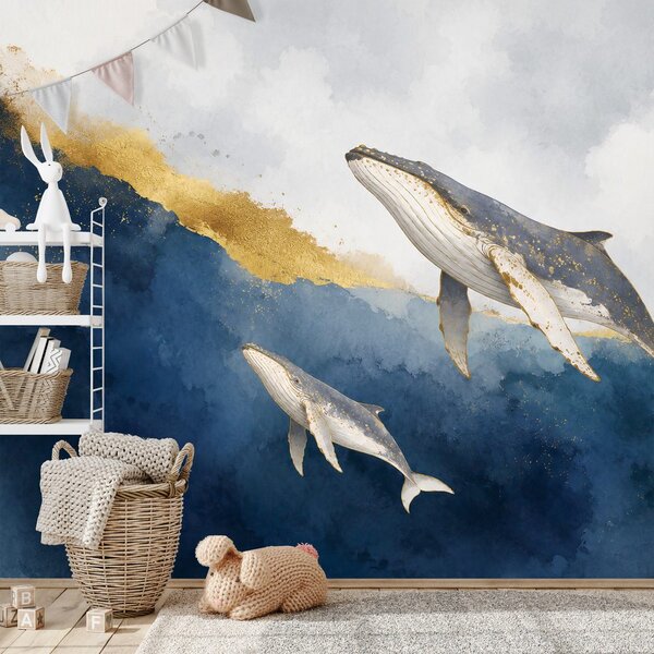 Carta da parati – Balene ad acquerello in blu e oro