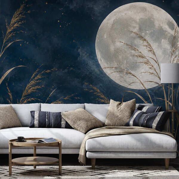 Carta da parati – Luna dorata e graminacee nel cielo blu
