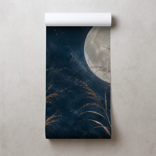 Carta da parati – Luna dorata e graminacee nel cielo blu
