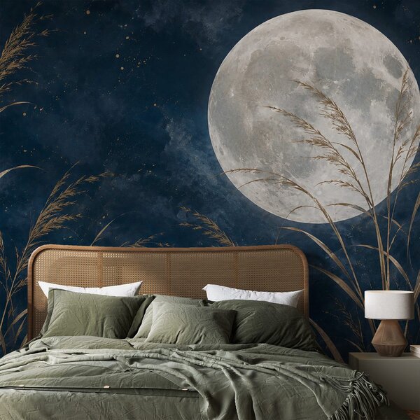 Carta da parati – Luna dorata e graminacee nel cielo blu