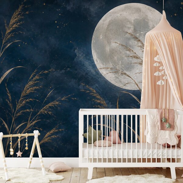 Carta da parati – Luna dorata e graminacee nel cielo blu