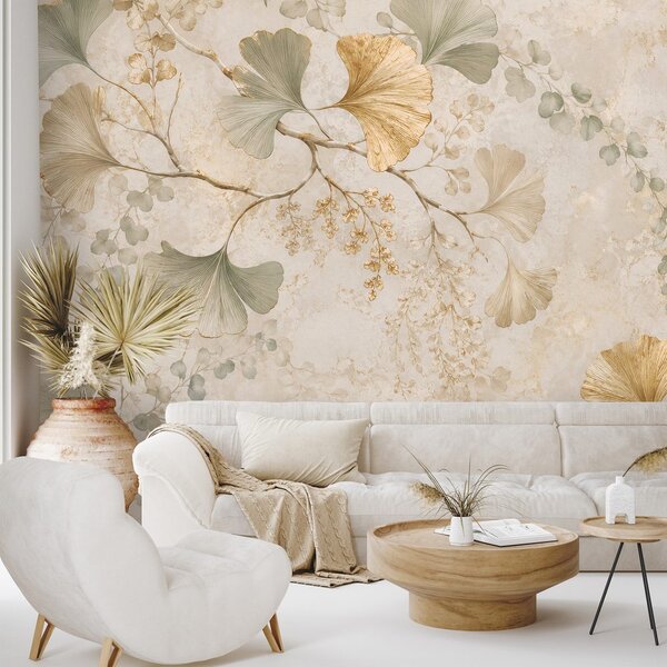 Carta da parati – Foglie dorate di ginkgo in stile glamour