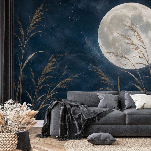 Carta da parati – Luna dorata e graminacee nel cielo blu