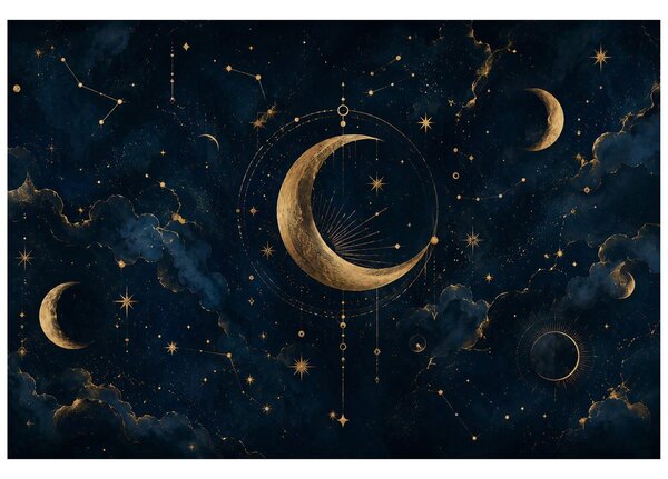 Carta da parati – Luna dorata e stelle nel cielo blu scuro