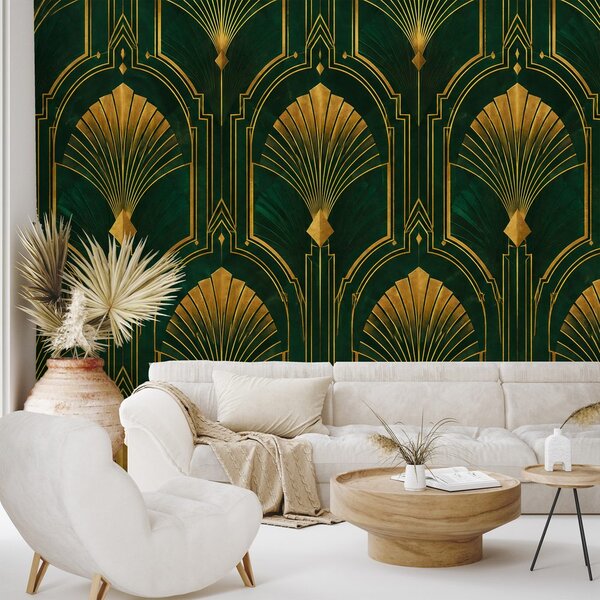 Carta da parati – Ventagli art déco dorati su verde