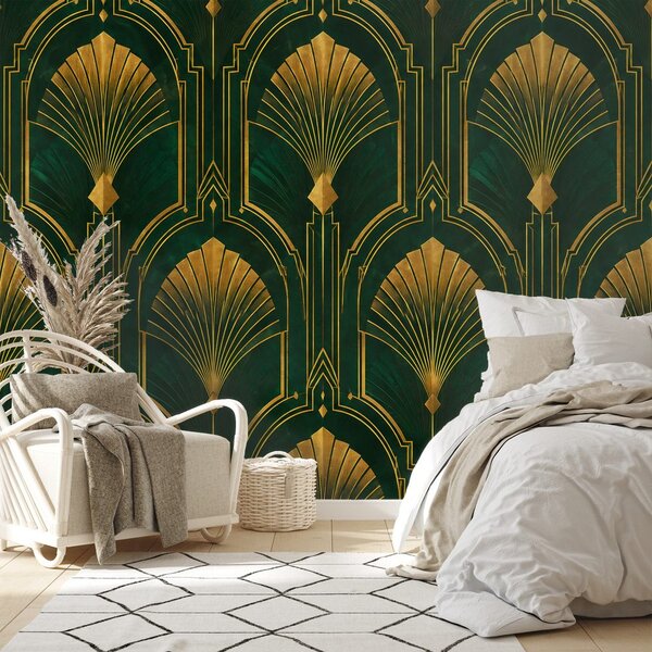 Carta da parati – Ventagli art déco dorati su verde