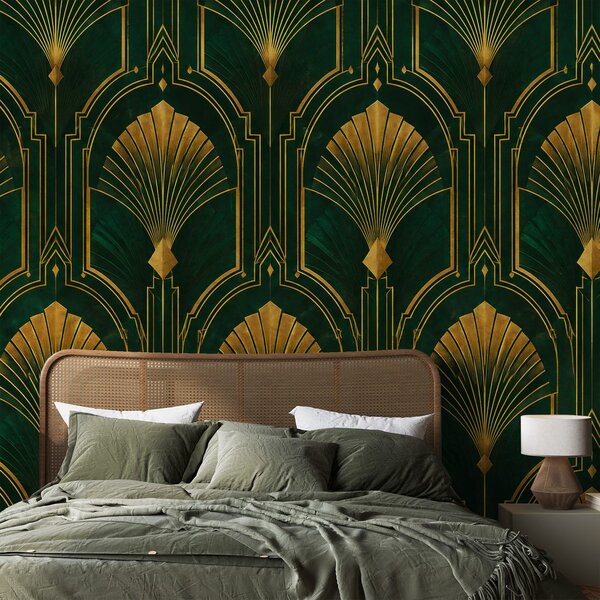 Carta da parati – Ventagli art déco dorati su verde