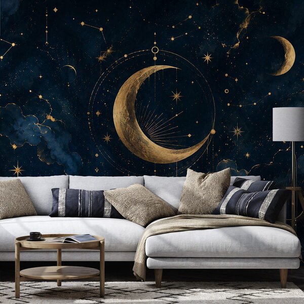 Carta da parati – Luna dorata e stelle nel cielo blu scuro
