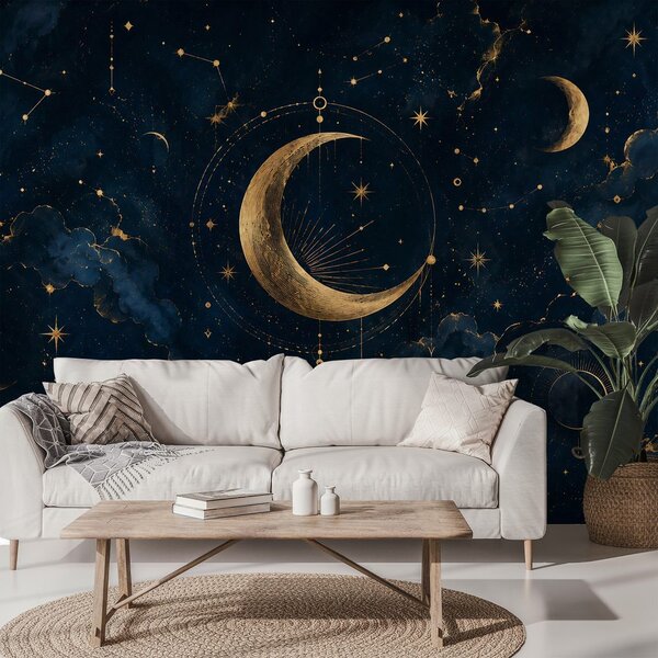 Carta da parati – Luna dorata e stelle nel cielo blu scuro
