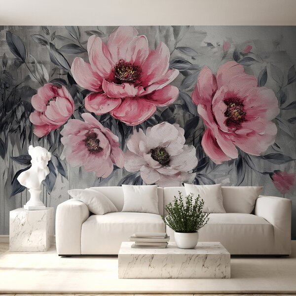 Carta da parati peonie floreali astratte acquerello rosa tenue e grigio, Carta da parati Acquerello, w07948 : Uwalls.it