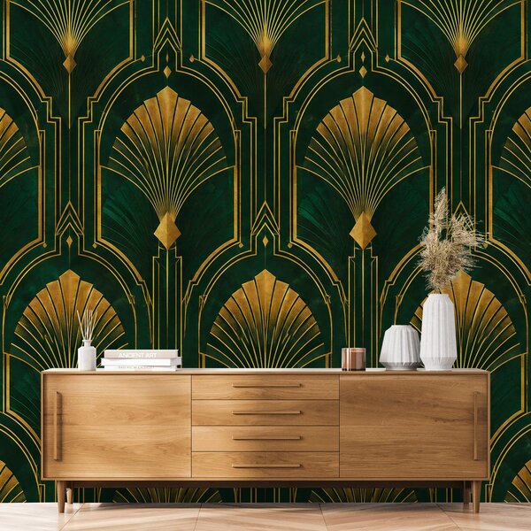 Carta da parati – Ventagli art déco dorati su verde