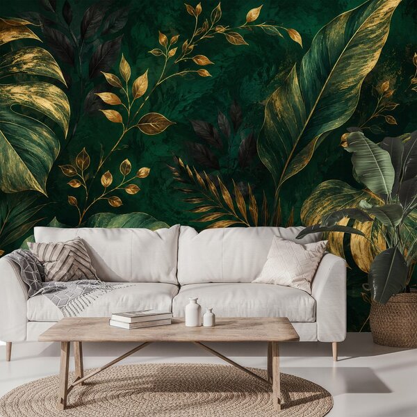 Carta da parati – Lussuose foglie tropicali dorate