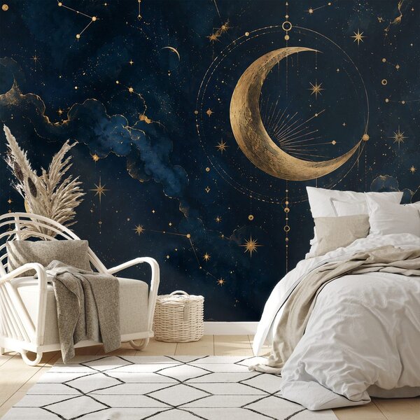 Carta da parati – Luna dorata e stelle nel cielo blu scuro