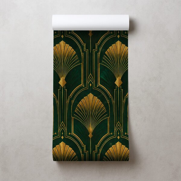 Carta da parati – Ventagli art déco dorati su verde