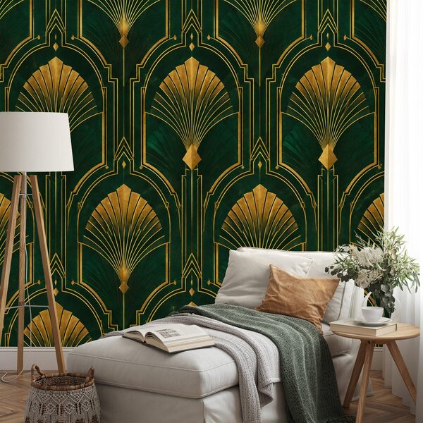 Carta da parati – Ventagli art déco dorati su verde