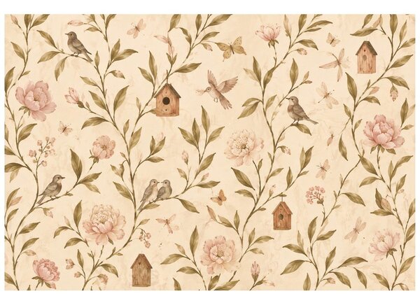 Carta da parati – Fiori vintage con uccellini e casette