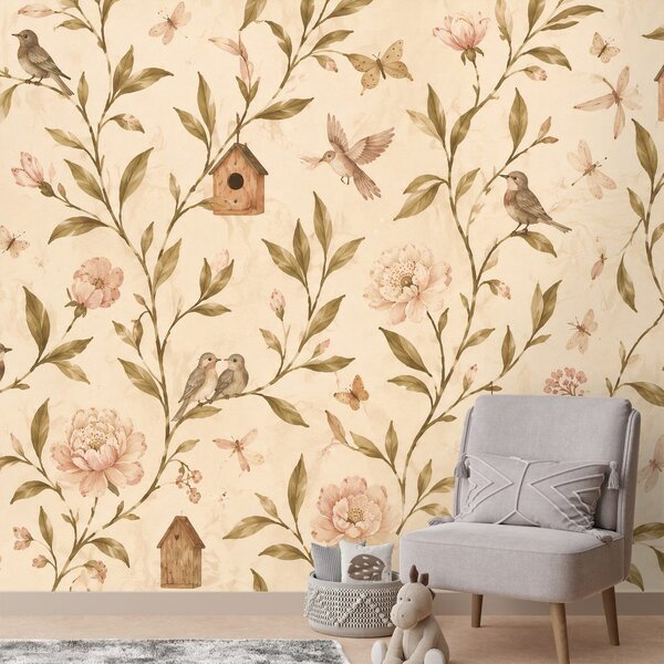 Carta da parati – Fiori vintage con uccellini e casette