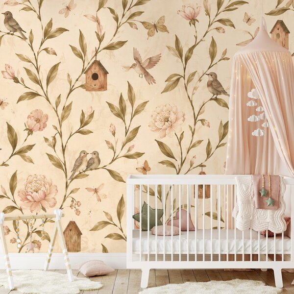 Carta da parati – Fiori vintage con uccellini e casette
