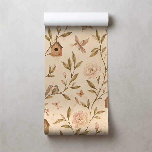 Carta da parati – Fiori vintage con uccellini e casette