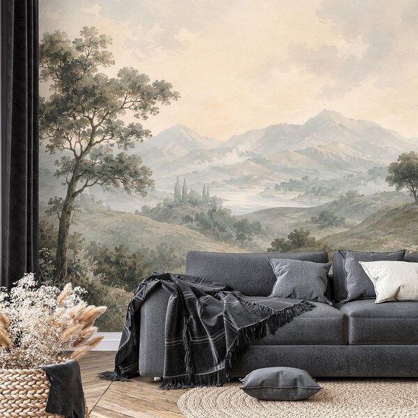 Carta da parati – Paesaggio montano vintage nei toni beige