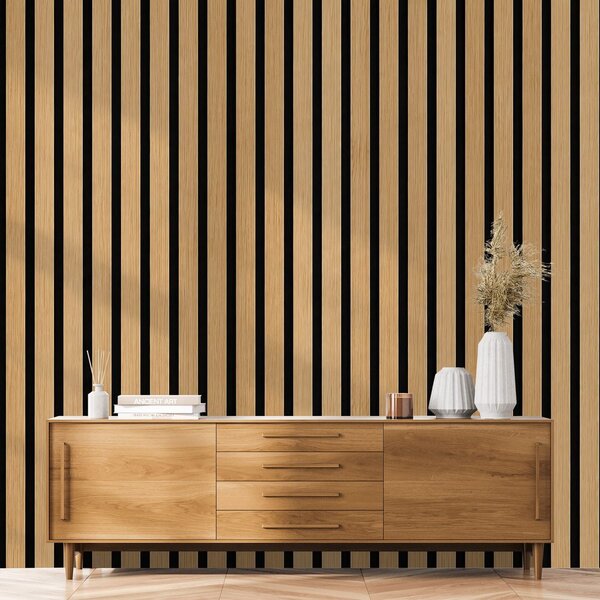 Carta da parati – Lamelle in legno moderne su nero