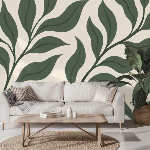 Carta da parati – Foglie verdi minimaliste su beige