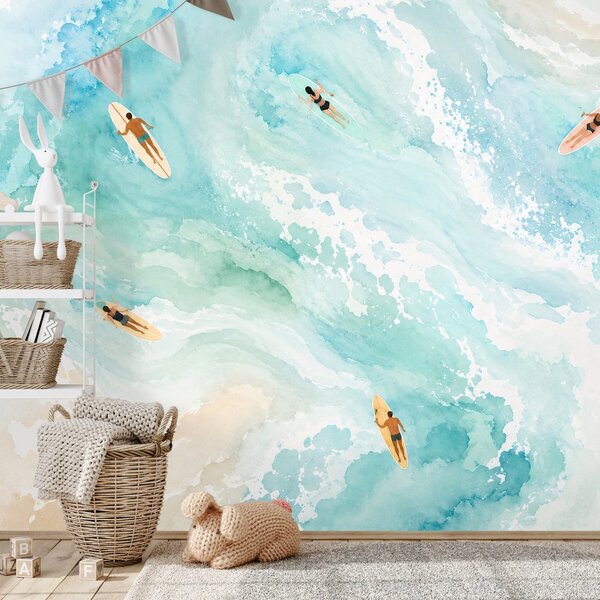 Carta da parati – Mare ad acquerello con surfisti