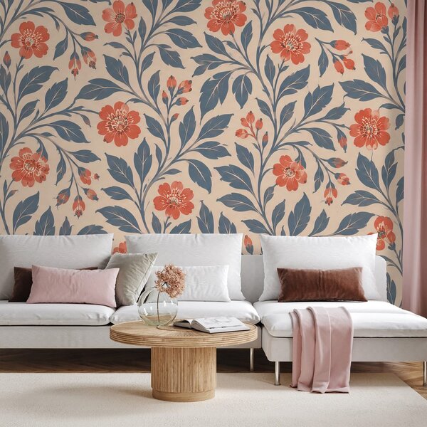 Carta da parati – Fiori corallo vintage con foglie