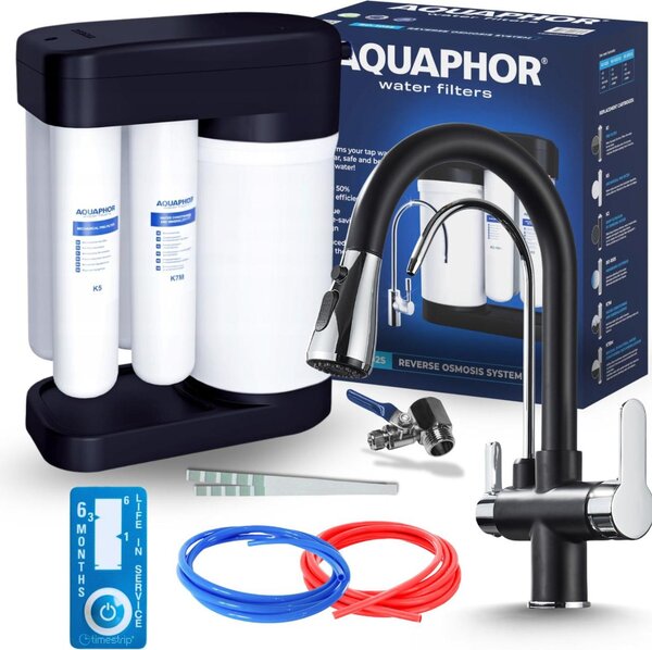 Miscelatore da cucina a 3 vie Nordic con sistema a osmosi inversa Morion 102S RO, bocca separata per l'acqua filtrata, doccetta estraibile, bocca girevole