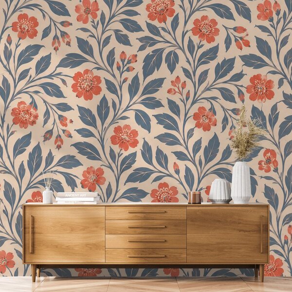 Carta da parati – Fiori corallo vintage con foglie