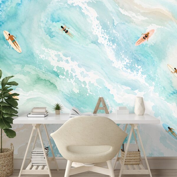 Carta da parati – Mare ad acquerello con surfisti