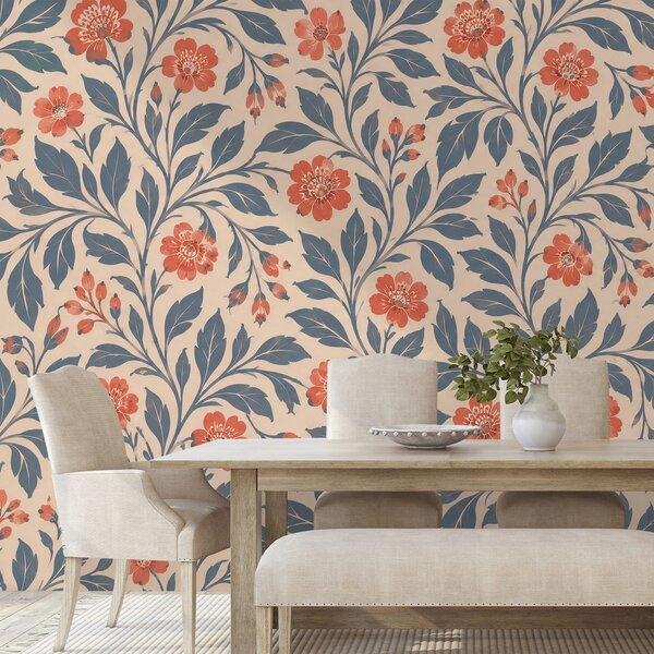 Carta da parati – Fiori corallo vintage con foglie