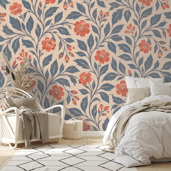 Carta da parati – Fiori corallo vintage con foglie