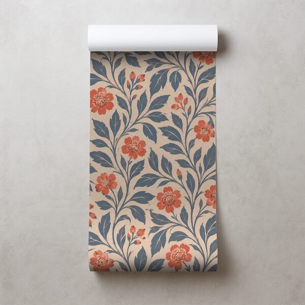 Carta da parati – Fiori corallo vintage con foglie