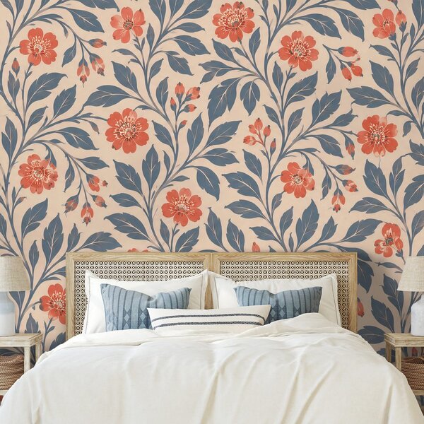Carta da parati – Fiori corallo vintage con foglie